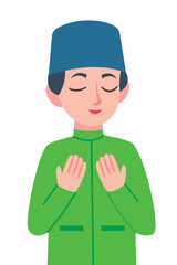 Flat design good looking muslim boy praying pose illustration. Ramadan Kareem Eid Mubarak