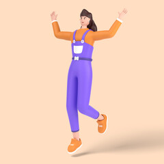 3d female character jumping and celebrates success