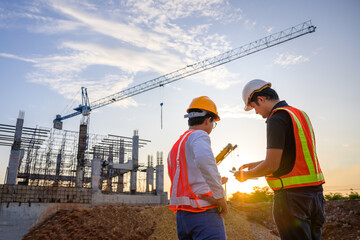 Construction engineer talks to the architect on the construction site. To describe home design work