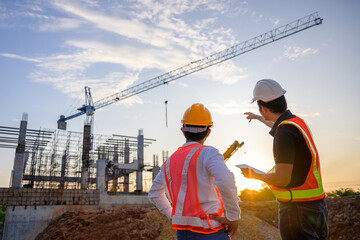 A team of construction engineers talks to managers and construction workers at the construction...