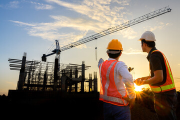 A team of construction engineers talks to managers and construction workers at the construction...