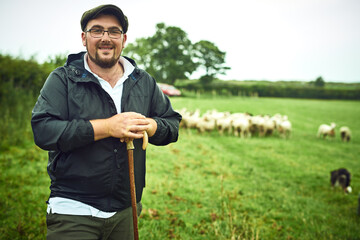 The sheep are out and about. Portrait of a cheerful young farmer standing with a cane while a flock...