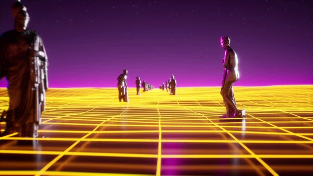 Retrowave vj loop animation of landscape with ancient sculptures and neon light