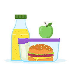 Lunch box vector illustration. School lunch box or snack, meal container with hamburger, apple and juice. School meal, children's lunch packed in a container isolated on a white background 