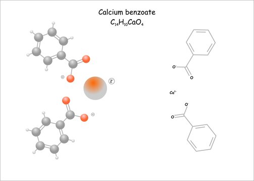 Stylized molecule model/structural formula of the food preservative calcium benzoate.