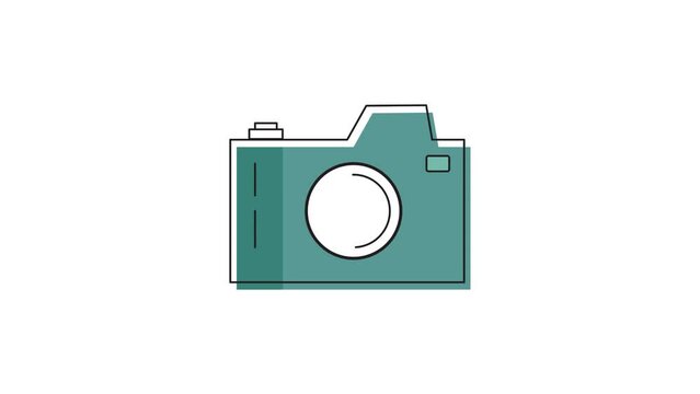 Animated footage of photo camera tumbling and flashing on white background. Photography concept