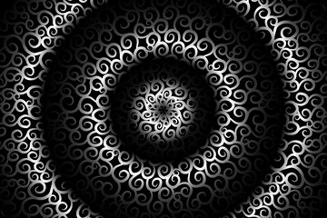 seamless circular circle  Black and white caleidoscope gradient flower art pattern of indonesian traditional tenun batik ethnic dayak ornament for wallpaper ads background 
