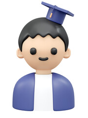 3d rendering of boy with graduation cap icon isolated on white concept of study education. 3d render illustration cartoon style.