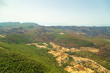 Trees burnt in forest fires of July 2021 in Marmaris resort town of Turkey from helicopter