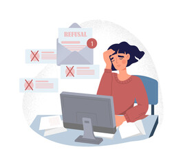 Fototapeta na wymiar Rejected resume concept. Girl behind monitor screen holds her head. Woman not hired by company, unsuccessful candidate. Character reads letters, refusal metaphor. Cartoon flat vector illustration