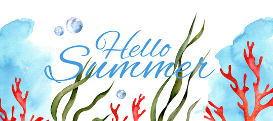 colorful summer poster. Seashells, watercolor splashes. Hello summer