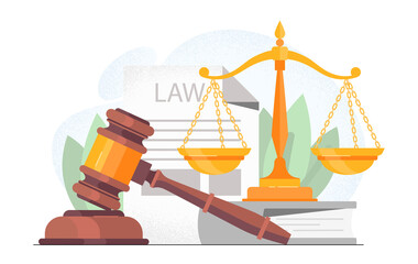 Symbol of law. Judges gavel and scales, metaphor for responsibility. Graphic elements for website, poster or banner. Confirmation of financial transaction in court. Cartoon flat vector illustration - obrazy, fototapety, plakaty