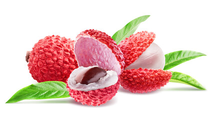 Bright group of lychee: whole and partially peeled isolated on a white background.