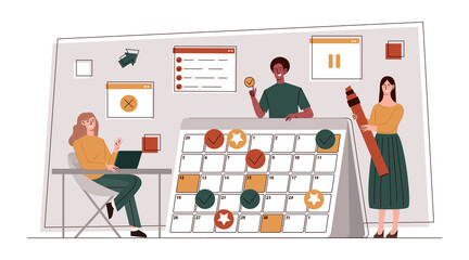 Effective time concept. Men and girls make marks on calendar. Planning and time management, responsible employees mark meetings. People organize working process. Cartoon flat vector illustration
