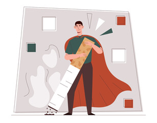 Stop smoking concept. Man extinguishes cigarette on floor, healthy lifestyle and fight against bad habits. Motivational poster or banner, strong personality. Cartoon flat vector illustration