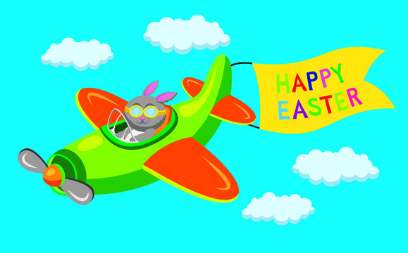 Cute cartoon style vector illustration of Easter Bunny in a plane with Happy Easter message