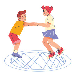 Cheerful children jumping on a trampoline holding hands. Active kids outdoor games in playground, park, trampoline attraction, cartoon flat vector isolated on white background.