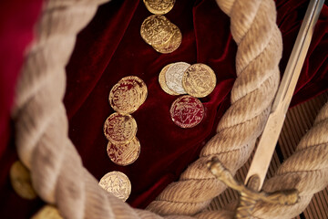 pirate coins on a dark background. pirate gold coins on dark background