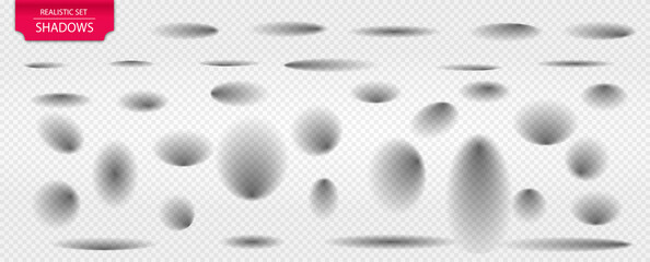 Realistic shadows set. Oval and round effects, collection of graphic elements for decorating pictures. Overlay and backdrop. Isometric vector illustrations isolated on transparent background