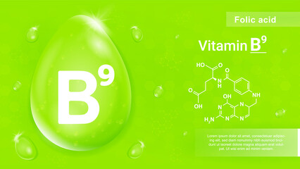 Vitamin B9 green. Medical poster or banner, graphic elements for website. Healthy food and diet for active lifestyle, fitness and supplements, isometric liquid drop. Cartoon vector illustration