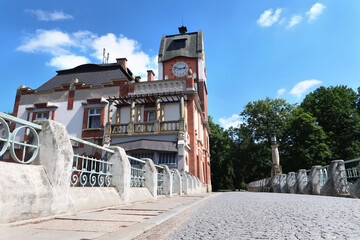 Historic building of hydroelectric power station called Hucak in Hradec Kralove, Czech Republic in the middle of summer