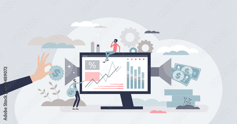 Poster robo advisor as automated computer advices for investment tiny person concept. effective money manag