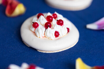 Meringue cakes called Pavlova cake with Pavlova cake and red currant berries on deep blue tablecloth with pink petals