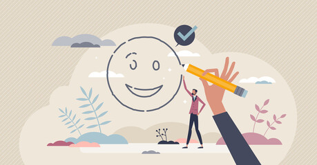 Happiness loading or draw happy emotion in therapy tiny person concept. Psychologist method to dream or express feelings with drawings vector illustration. Optimistic emotional attitude for future.