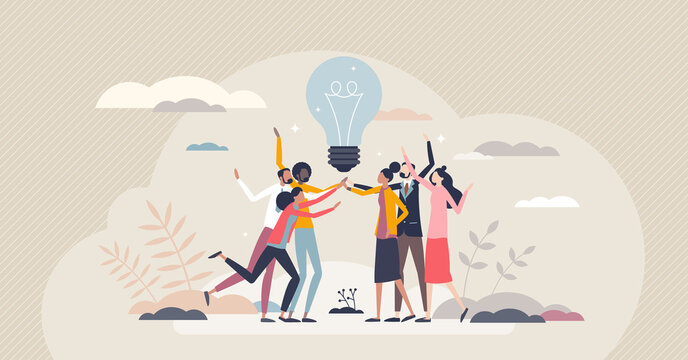 Teamwork creative success and business idea development tiny person concept. Creativity and innovation as key for successful marketing or new product vector illustration. Goal collaboration together.