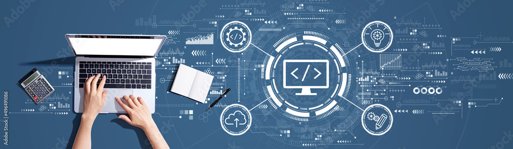 Aufkleber web development concept with person using a laptop computer