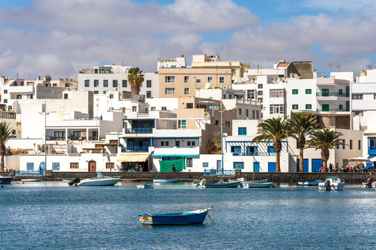 View of Arrecife downtown along the harbour at Bahia de Arrecife, Lanzarote, Canary Islands, Spain.