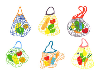Set of three eco shopping net bags with various products.