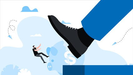 Giant foot kicks office worker. Man flying down a cliff Animation ready duik friendly vector. Conceptual business story. Financial crisis, economic recession, bankruptcy, depression.