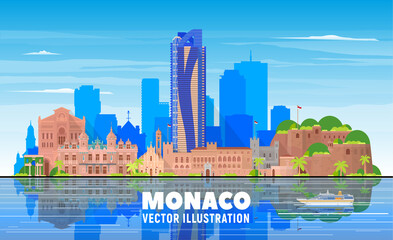 Monaco city skyline with panorama on white background. Vector Illustration. Business travel and tourism concept with old buildings. Image for presentation, banner, web site. - obrazy, fototapety, plakaty