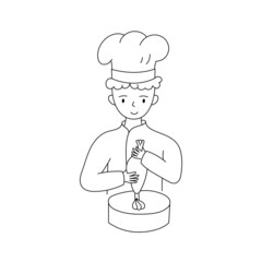 Confectioner in a chef's uniform decorates the cake. For the bakery, advertising, website. Vector illustration.