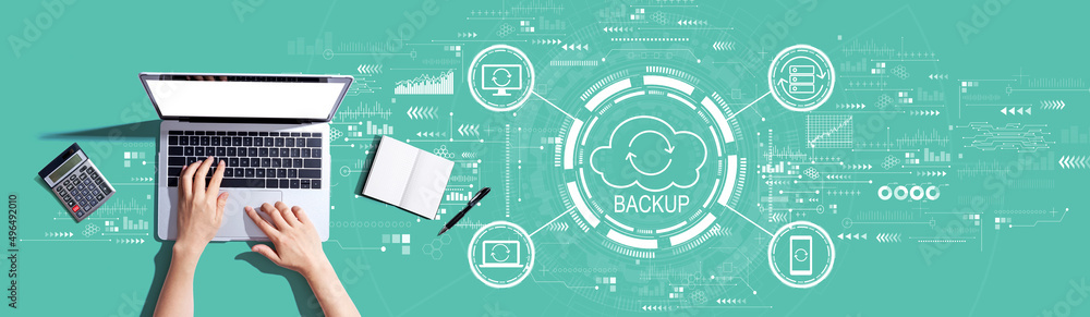 Poster backup concept with person using a laptop computer