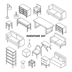 Minimal furniture set on white background, vector