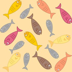 Wrapping paper of cute fish swimming in their environment with coloured background