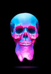 Skull with neon lights and slime floating over the black background. NFT, crypto art, Santa Muerte concept.