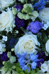 White and blue flower arrangement for a wedding