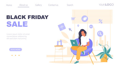 Black friday banner template. Woman with laptop shopping online in store or shop through application. Concept of sale, discount special coupon, ads on social media web banner. Vector illustration.