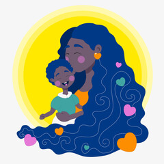 Afro mom caringly hugging her little son on Mother's Day, flat vector illustration