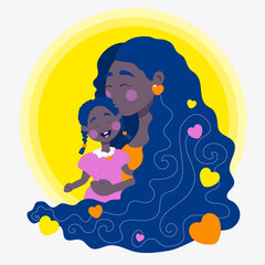 Afro mom caringly hugging her little daughter on Mother's Day, flat vector illustration