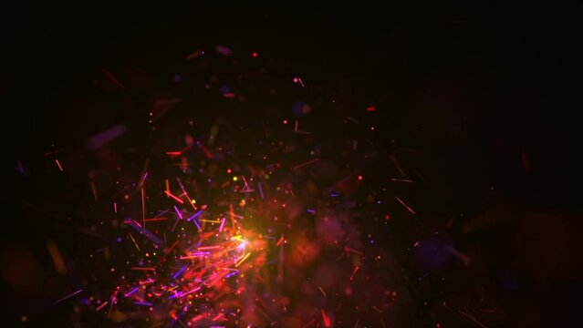 Glowing multicoloured sparks emitting from a gently moving pyrotechnic sparkler. Full HD firework motion background animation.