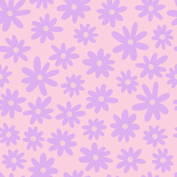 Hand drawn abstract violet flowers seamless pattern on pink. Modern floral vector pattern.