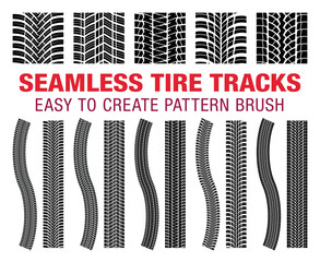Set of seamless car tire tracks patterns. Isolated tyre treads. Easy to create pattern brush. 