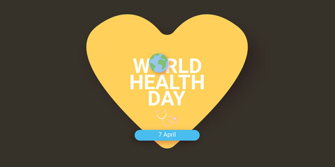 world health day concept banner design template with heart, earth globe and stethoscope. Horizontal Health day poster or banner