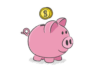 Hand drawn, colorful vector illustration of piggy bank savings