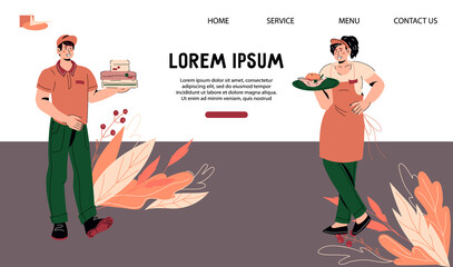 Landing Page template with characters of waiters. Takeaway meal and restaurant website banner layout, vector illustration.