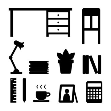 Back To School Study Object Silhouette Black and White Illustration Icon on Isolated White Background Suitable for Learn, Interior, Study Room Icon